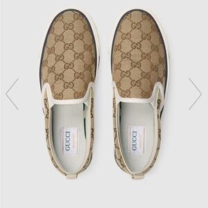 Gucci Tan and Cream Logo Slip-Ons